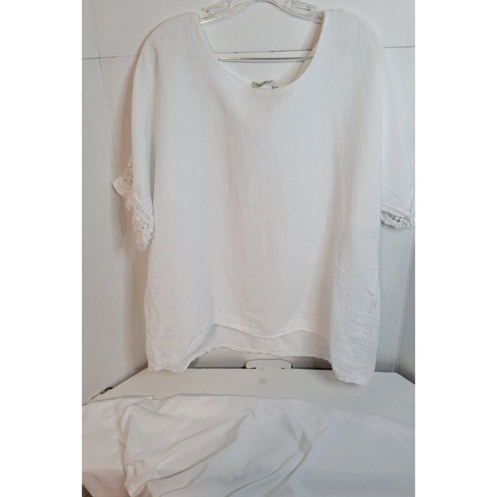 Alessia Pacini Linen Top White Crochet Lace short Sleeves/crochet shoulder 1X